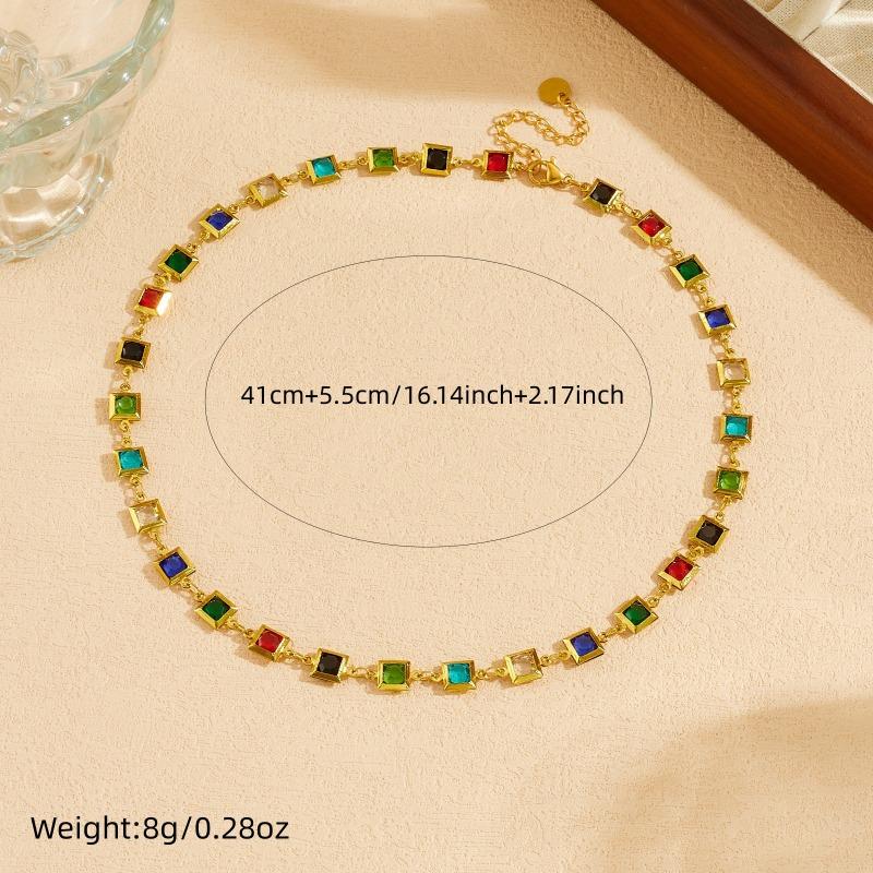 Gold Plated Multicolor Square CZ Jewelry Set, Stainless Steel Rainbow Gem Necklace Bracelet Set, Waterproof Boho Jewelry for Women Gift