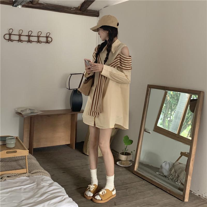 Fake Two Off-the-shoulder Polo Dress Women's Early Autumn Platycodon French Shawl Medium and Long Sexy Striped Shirt Skirt
