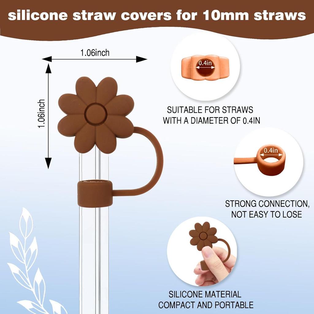 Accessories for Stanley Cup Set,2Pcs Flower Straw Cover Caps 10mm Reble Brown Straw Toppers,1Pcs Cute Handle Charm and 1Pcs Silicone Boot Sleeve for