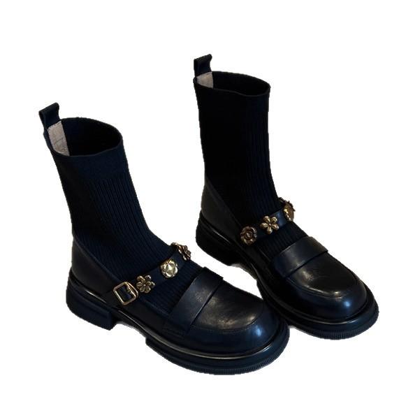 Cowhide version thick-soled metal buckle elastic boots short boots retro knitted thin boots women's loafers boots