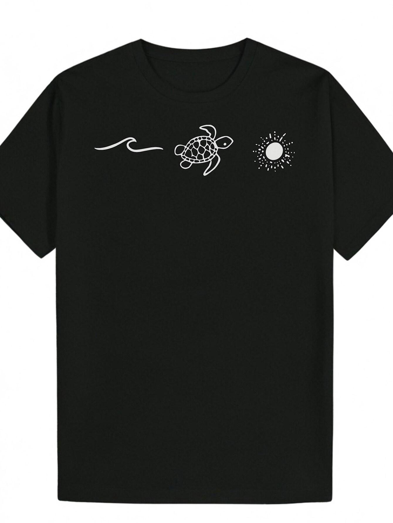Crew Neck Polyester Animal Graphic T-shirt - White Line Art Design with Turtle L