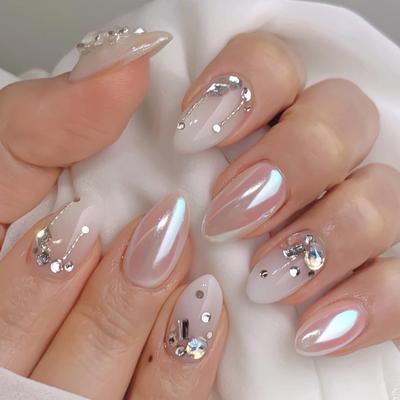 French White Gradient Rhinestone Almond-Shaped Fake Nails