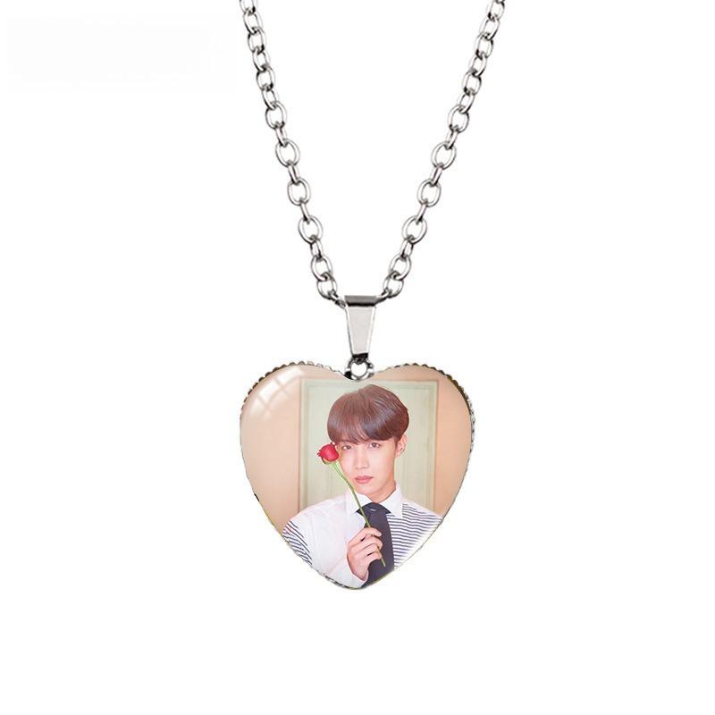 BTS Heart Pendant Necklace, Bangtan Boys Group Photo Pink Flower Field Photo Necklace, Kpop ARMY Fans Jewelry Gift