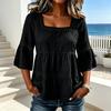Top da Donna Scollo Quadrato Maniche 3/4 Colore Unito Vestibilità Larga Morbido Elastico Camicetta Design con Intreccio di Pizzo Top Casual per Uso Quotidiano