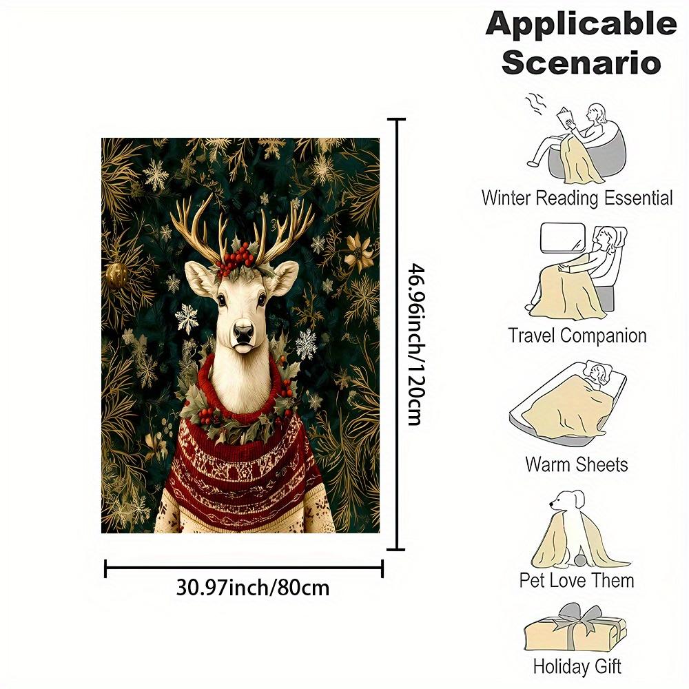 Cozy Reindeer Print Flannel Throw Blanket - Festive Holiday Design with Pine Branches & Snowflakes, Soft & Warm for Bed, Sofa,