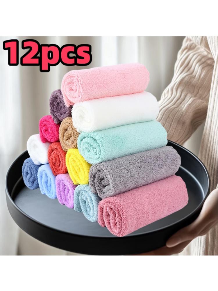 12Pcs Random Color High-Quality Soft Absorbent Washcloths Quick-Dry Solid Color Handkerchiefs Multifunctional Lightweight Square Bathroom Towels