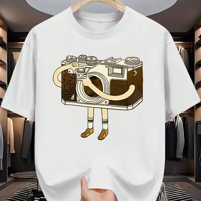 Men's Fashion Graphic Tee Royal Blue with Vintage Camera Print Casual Short Sleeve T-Shirt Men Clothing Comfortable