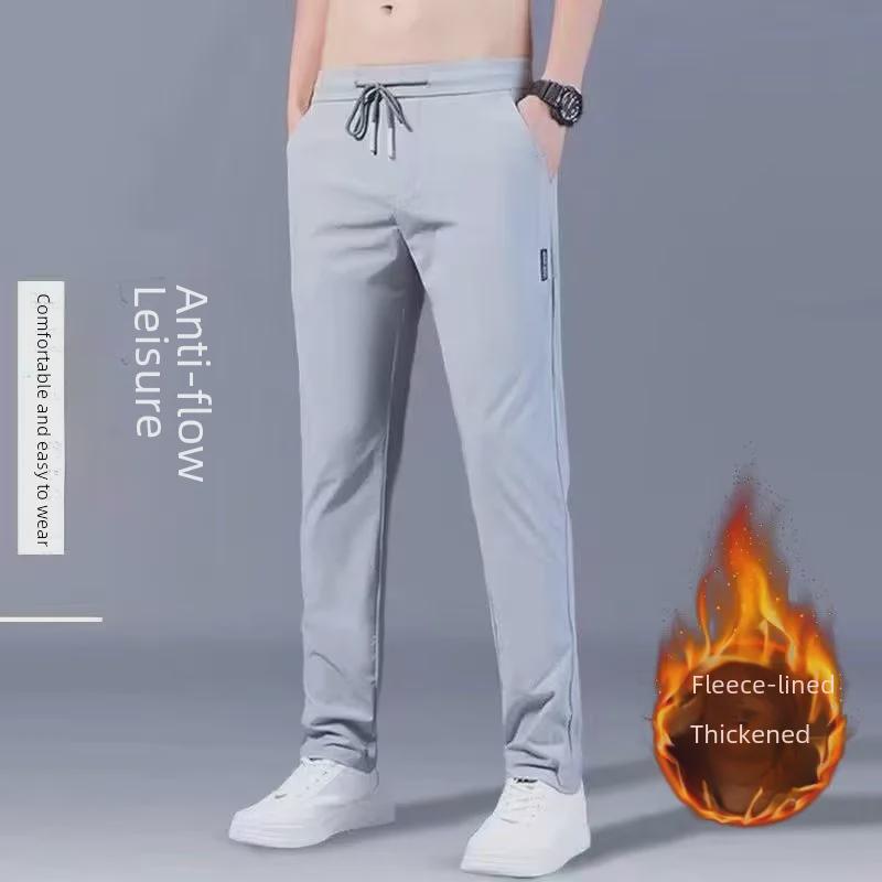 Men's Autumn & Winter Casual Korean-Style Straight Pants with Plus Velvet and Elastic Waist.