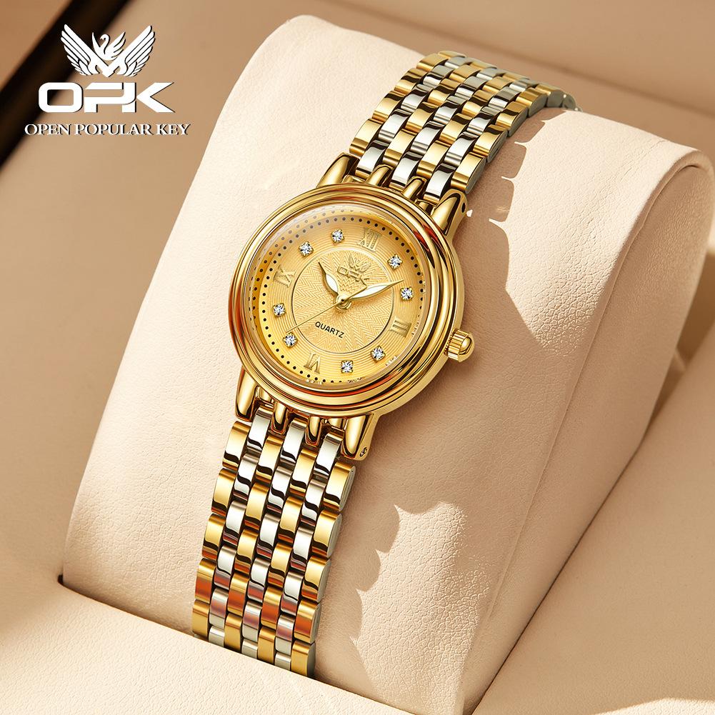OPK Brand Couple Luminous Diamond Scale Exquisite Men's and Women's Trend Quartz Watch Women's Leisure Steel Belt Waterproof Watch
