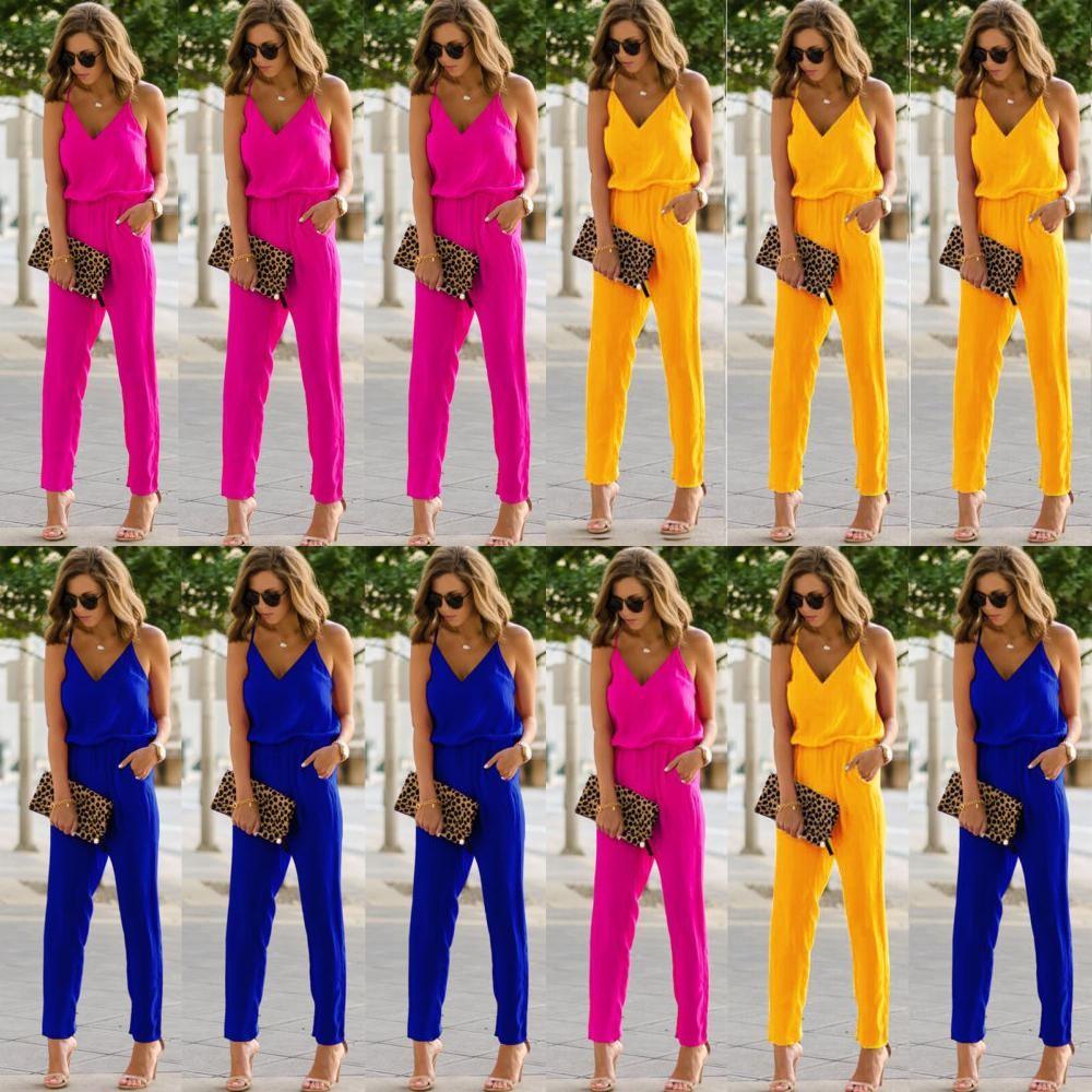 Eleganter Damen-Jumpsuit mit Spaghettiträgern, weitem Bein und V-Ausschnitt