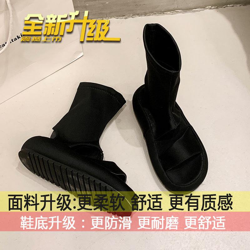 

Fashion versatile black high-top Korean version of comfortable elastic short boots 2025 summer new thin cool boots women s pedal 35