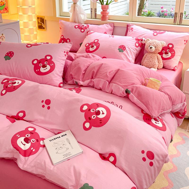 Class A Maternal And Infant Grade Washed Cotton Four-Piece Set Cotton Cartoon Small Fresh Pure Cotton Mattress Quilt Cover 3Pcs Set