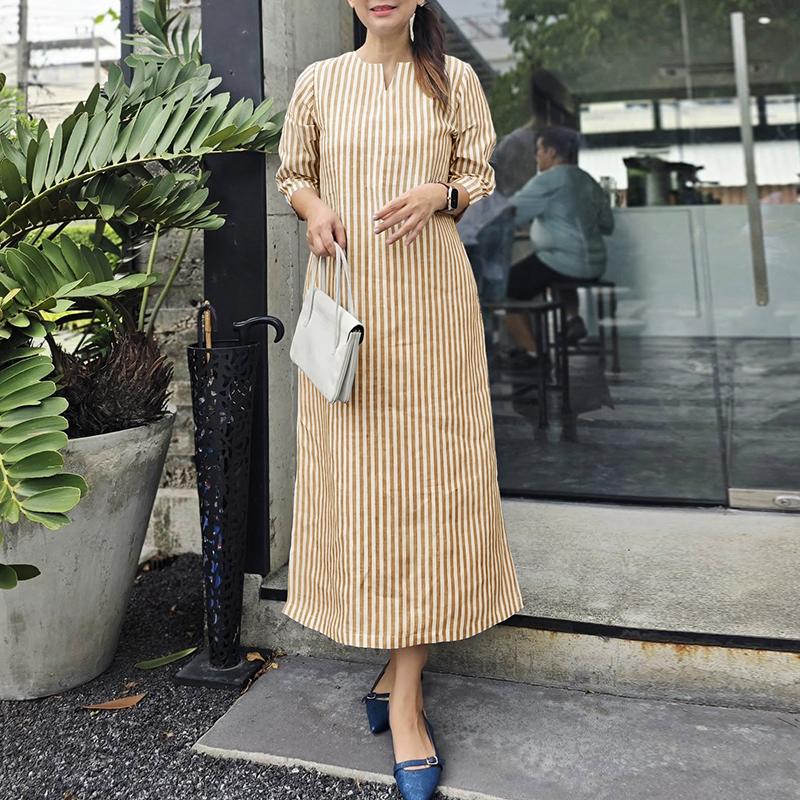 

ZANZEA Women Casual V-Neck 3/4 Sleeve Loose Side Split Stripe Dress 5XL коричневий