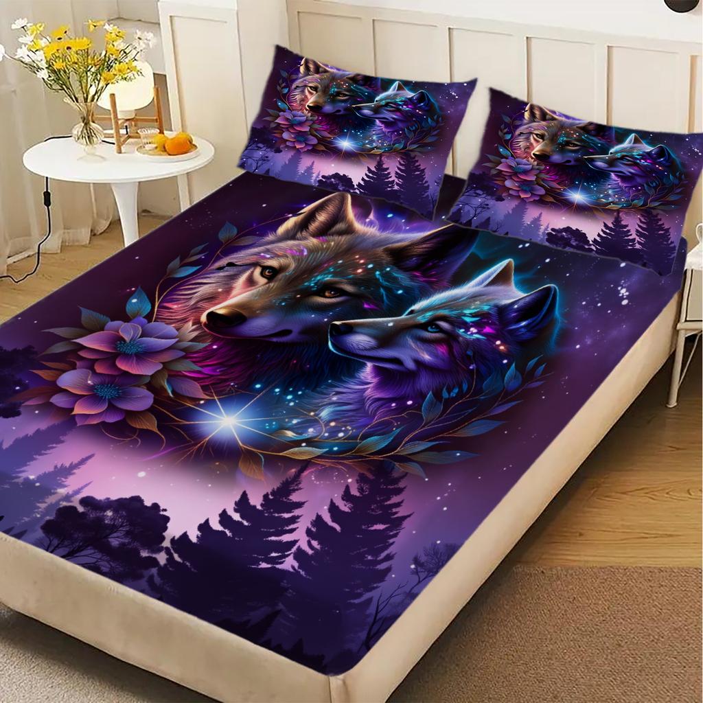 3pcs Purple Fitted Sheet Sets 3D Printed Dramatic Valley Flowers Wolve And Fox  Gifts For Teen Boys Soft Washable Flat Sheet