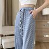 145 Petite Ice Silk Plaid Wide-Leg Pants for Women - Thin, High-Waist, Straight-Leg, Casual Fit for Spring and Autumn