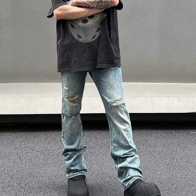 

Мужские облегающие джинсы прямого кроя с потертостями синего цвета - модный уличный стиль XL синий