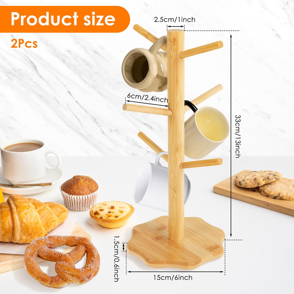 2Pcs Wooden Mug Hanging Display Rack Drinkware Shelf With 6 Hooks Tree Shape Coffee Tea Cup Storage Holder Stand Tumbler Holders