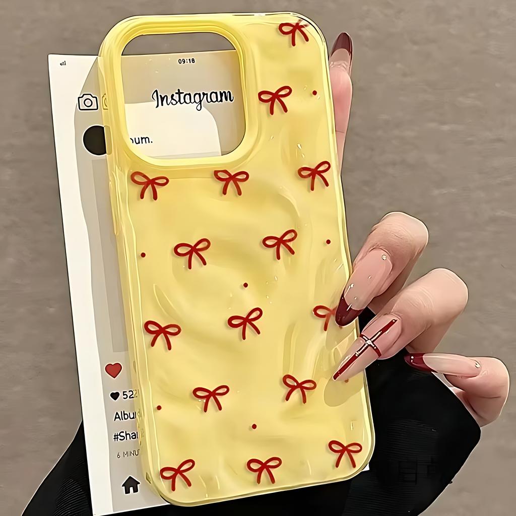 Cute Red Bow Dots Folds Texture 3D Irregular Wrinkle Phone Cases For iPhone 17 16 15 14 Plus 13 12 Air Pro Max Shockproof Glossy