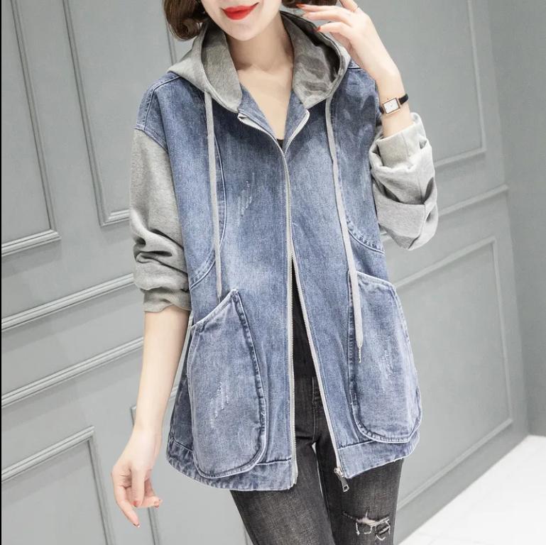Women's Hooded Denim Jacket Spring Autumn Patchwork, Loose Large-sized Basic Jacket, Zipper Fashion Female Motorcycle Jacket