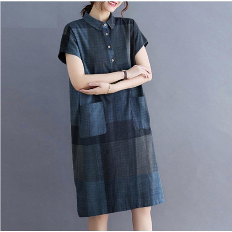 

Летние платья с короткими рукавами и темным сетчатым принтом, женские простые и свободные повседневные платья-рубашки средней длины XXL синий