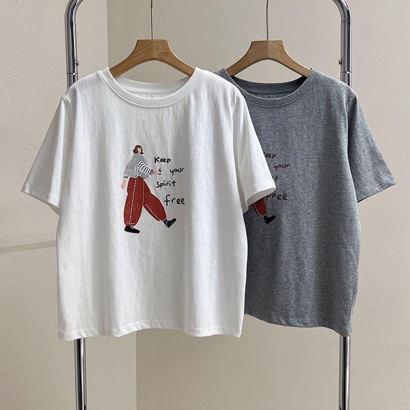 White Print Short-sleeved T-shirt for Women New Korean Style Loose Cute Versatile Slimming and Flesh-covering Cotton Top