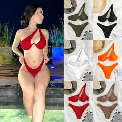 Wielokolorowy seksowny damski strój kąpielowy w jednolitym kolorze na jedno ramię Bikini Set Kostiumy kąpielowe kostiumy kąpielowe
