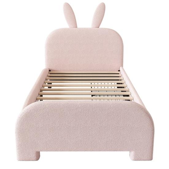 90x200cm Rabbit Shape Velvet Fabric Children Bed with Headboard 2 Drawers Ergonomic Design Strong Wood Slat Support Bed Home Furniture