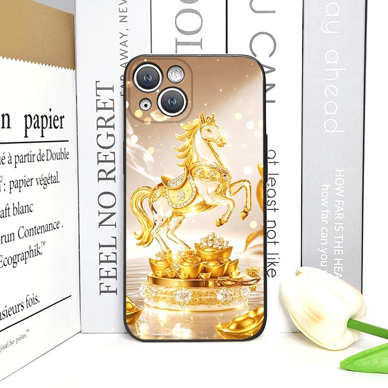 Luxury Crystal Golden Horse Pattern Phone Case for IPhone 17 16 12 11 14 Plus 13 15 Pro Max Mini X XS XR Shockproof Soft Covers