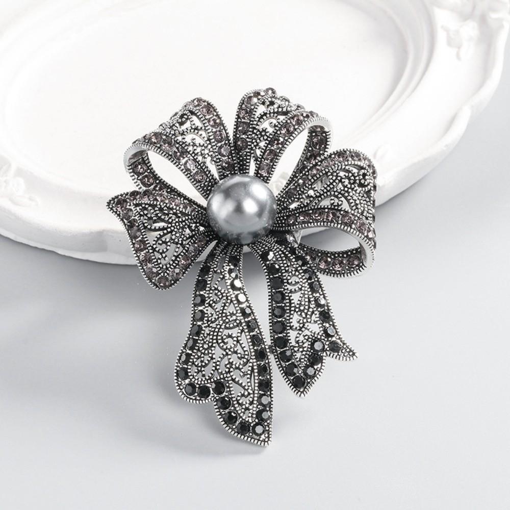 French Style Bow Brooch Vintage Black Brooch Exquisite Fully-rhinestone Pin Western-style Clothes