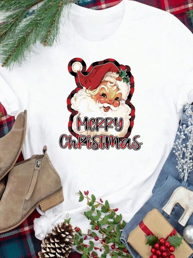 (Asian Size) sweet letter cute New Year festival Women Print Holiday Tee Top  Merry Christmas Casual Lady Short Sleeve Fashion Graphic T-shirts