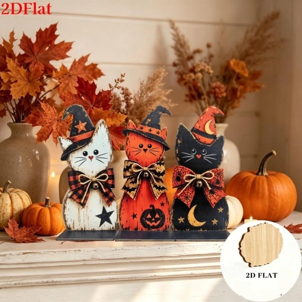 3Pcs Autumn Vintage Black Cat Tabletop Sign Witch Hat Cat Table Ornament  Autumn Harvest