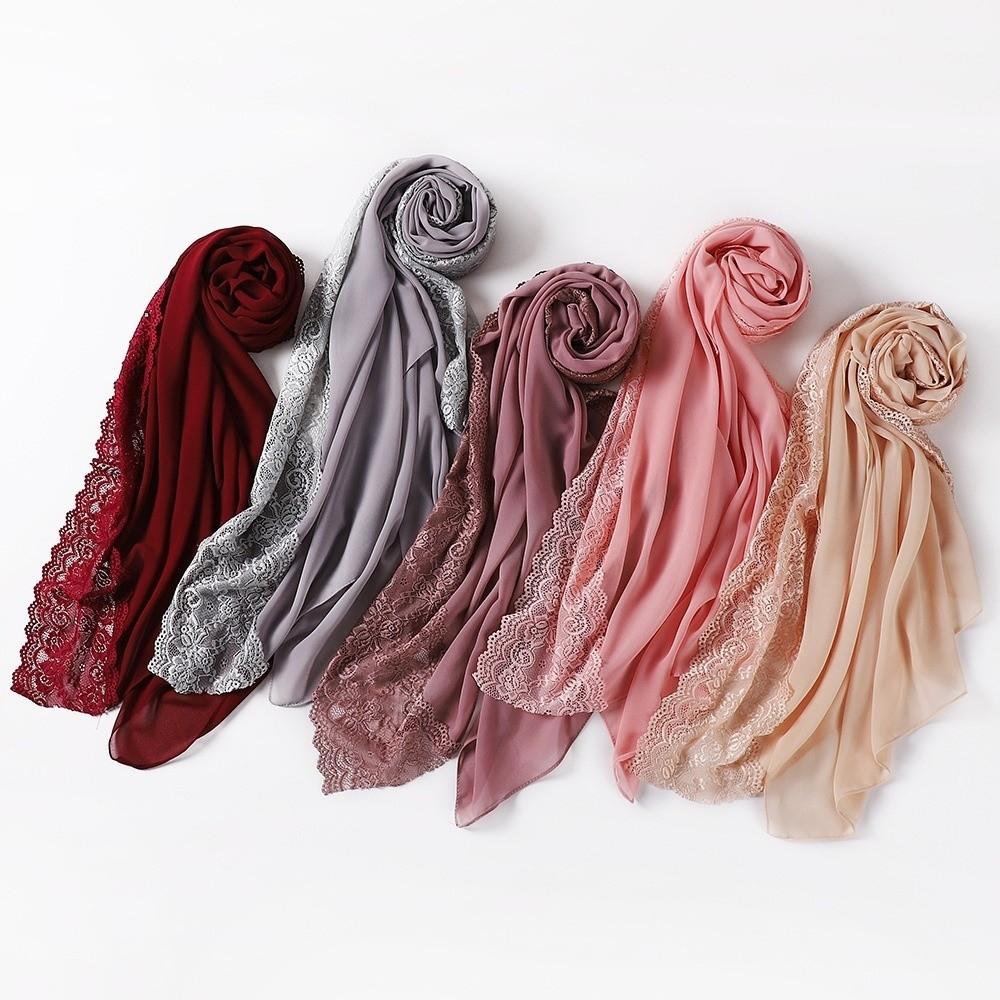 Solid Color Silk Scarf Lace Edge Ramadan Headscarf Versatile Sunscreen Shawl  Women Headwear