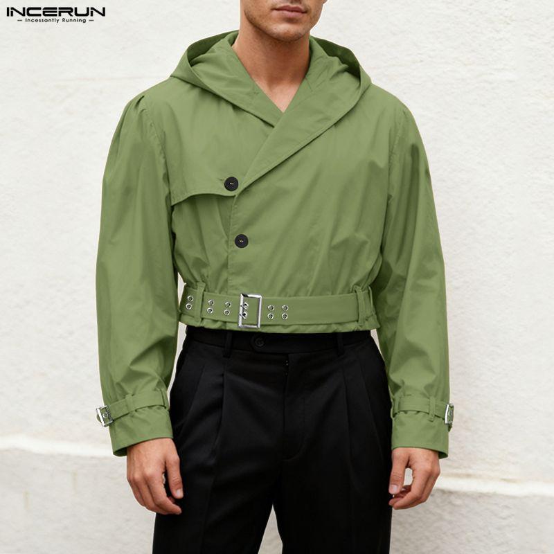 INCERUN Men Long Sleeve Casual Loose Short Hooded Cargo Jackets Tops