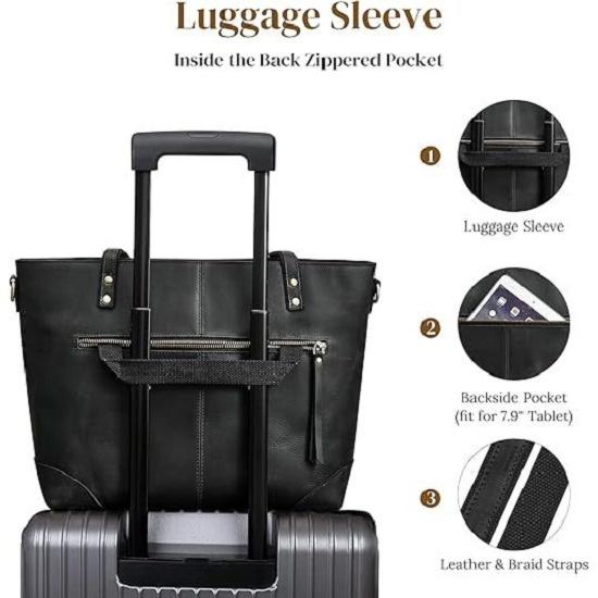 Genuine Leather Tote Bag for Women Work Shoulder Crossbody Purses Handbag with Outside Pockets