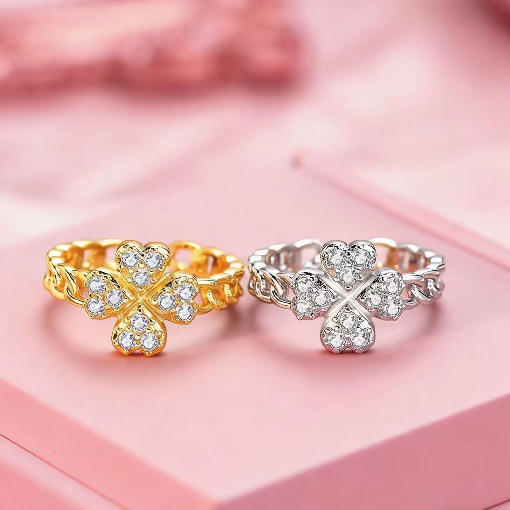 New Arrival Lucky Four-leaf Flower Zircon Ring for Women Flower Fashioneasiest for Matchclassy Sense Open Ring Four-leaf Clover Ring