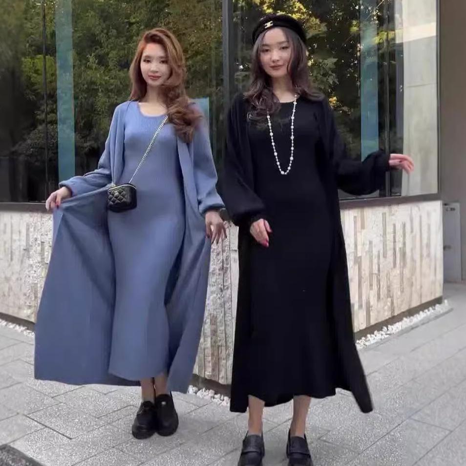 2023 Herbst Europäischer & Amerikanischer Einfarbiger Slim Strickpullover Überknie Langes Kleid Set für Damen
