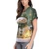 Women's Cute Printed Work Clothes V-neck Double Layer Pockets Basic Short Sleeve Top Pullover Valentines
