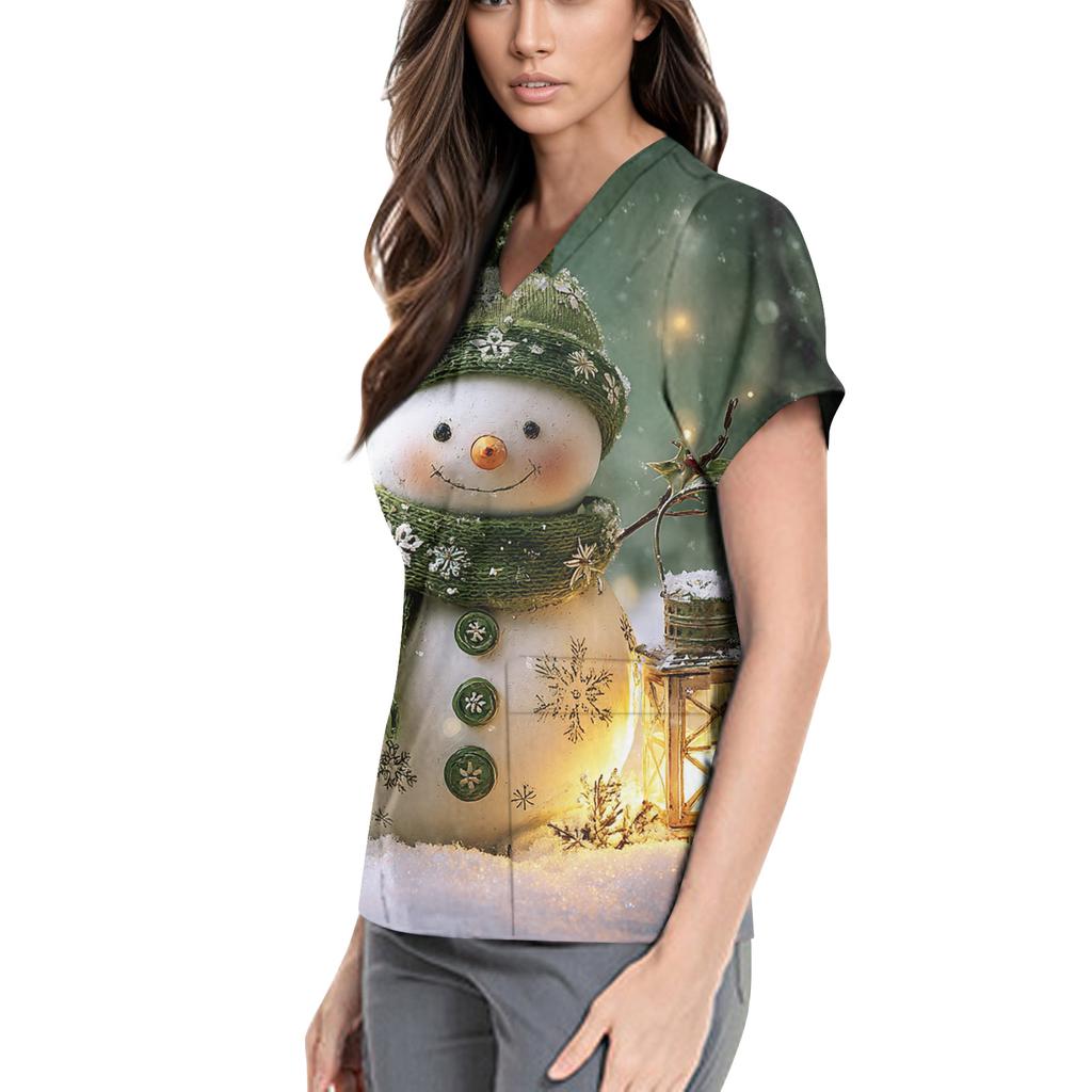 Women's Cute Printed Work Clothes V-neck Double Layer Pockets Basic Short Sleeve Top Pullover Valentines