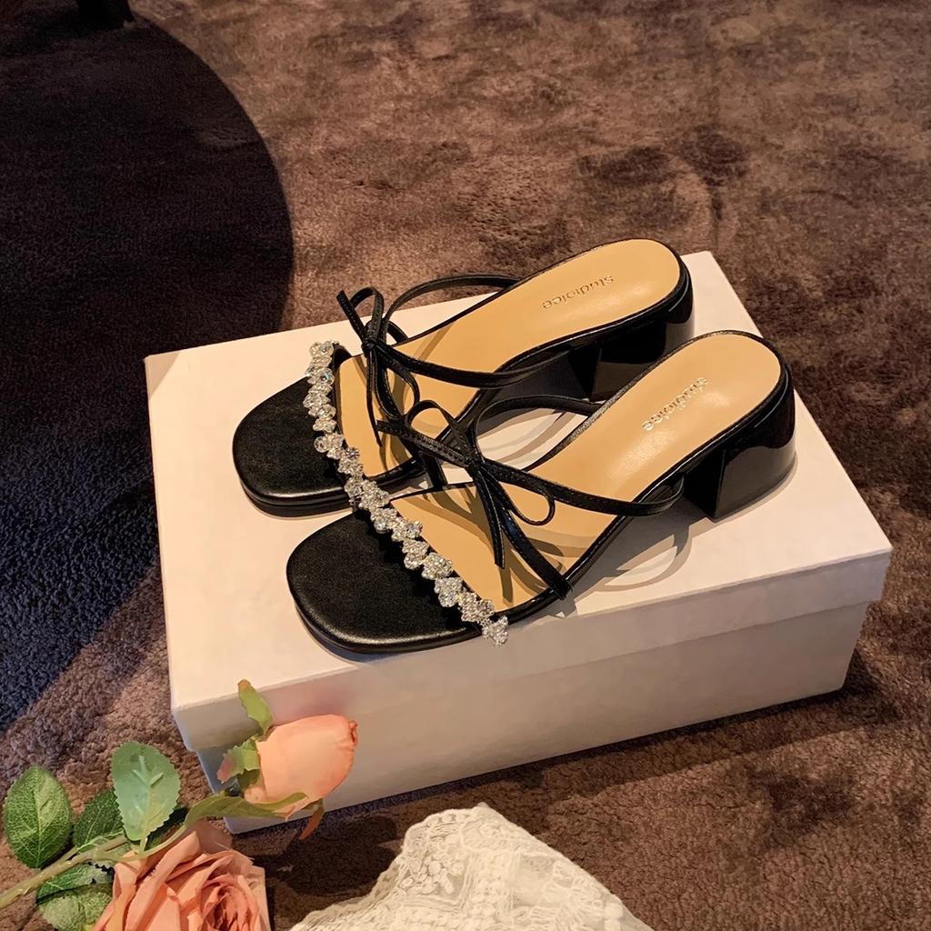 Sheepskin~ version burst beauty sparkling rhinestone slippers women's summer wear bow 5.5cm thick heel cool slippers