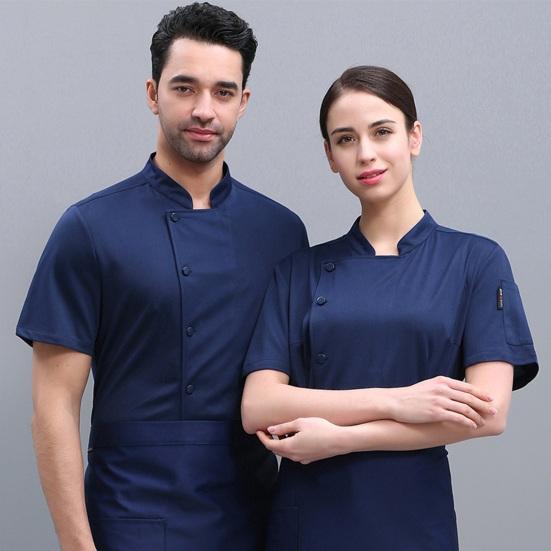 Unisex Chef Shirt Kitchen Single-breasted Short Sleeve Stand Collar Stain-resistant Loose Kitchen Bakery Restaurant Canteen Waiter Top Cook Uniform
