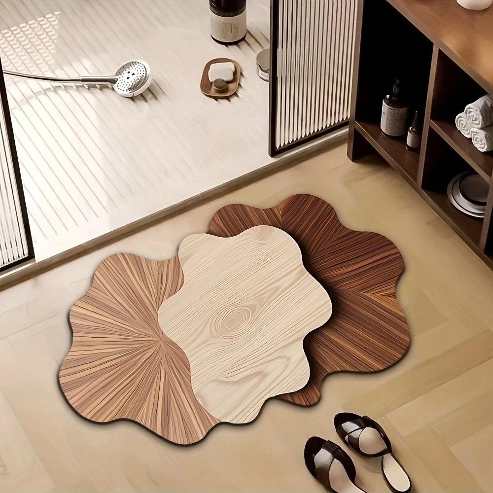 Retro Diatom Mud Bath Mat Quick Drying Anti Slip Super Absorbent Wood Grain Leaf Design for Bathroom Toilet Shower Floor Mat