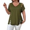Women Summer T-shirt V-Neck Short Sleeve Solid Color Loose Fit Casual Tops with Hollow Cross-Band Design
