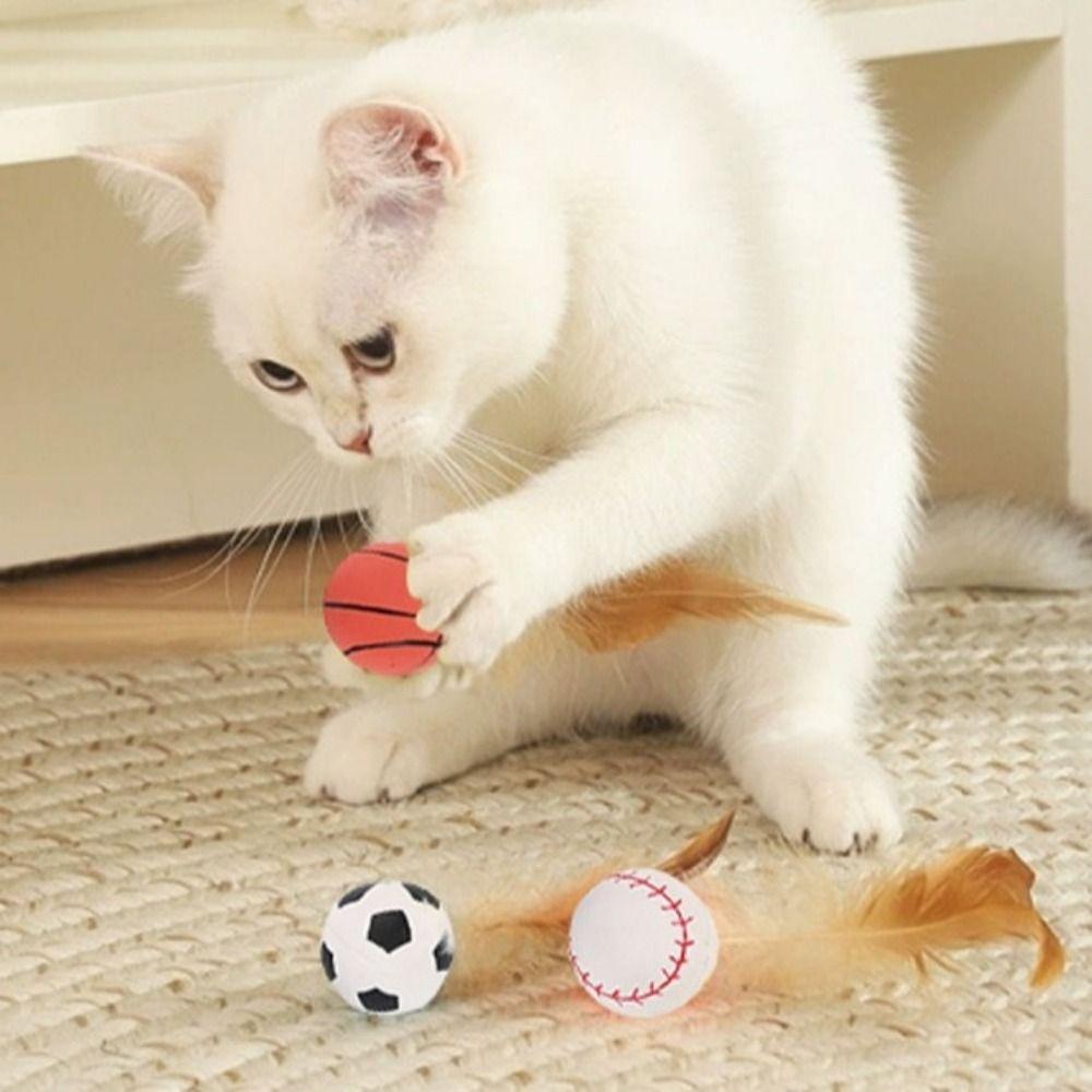 3Pcs Solid Biting Cat Interactive Ball Toy with Feathers Self Fun Chew Training Toy Elastic Interactive Play