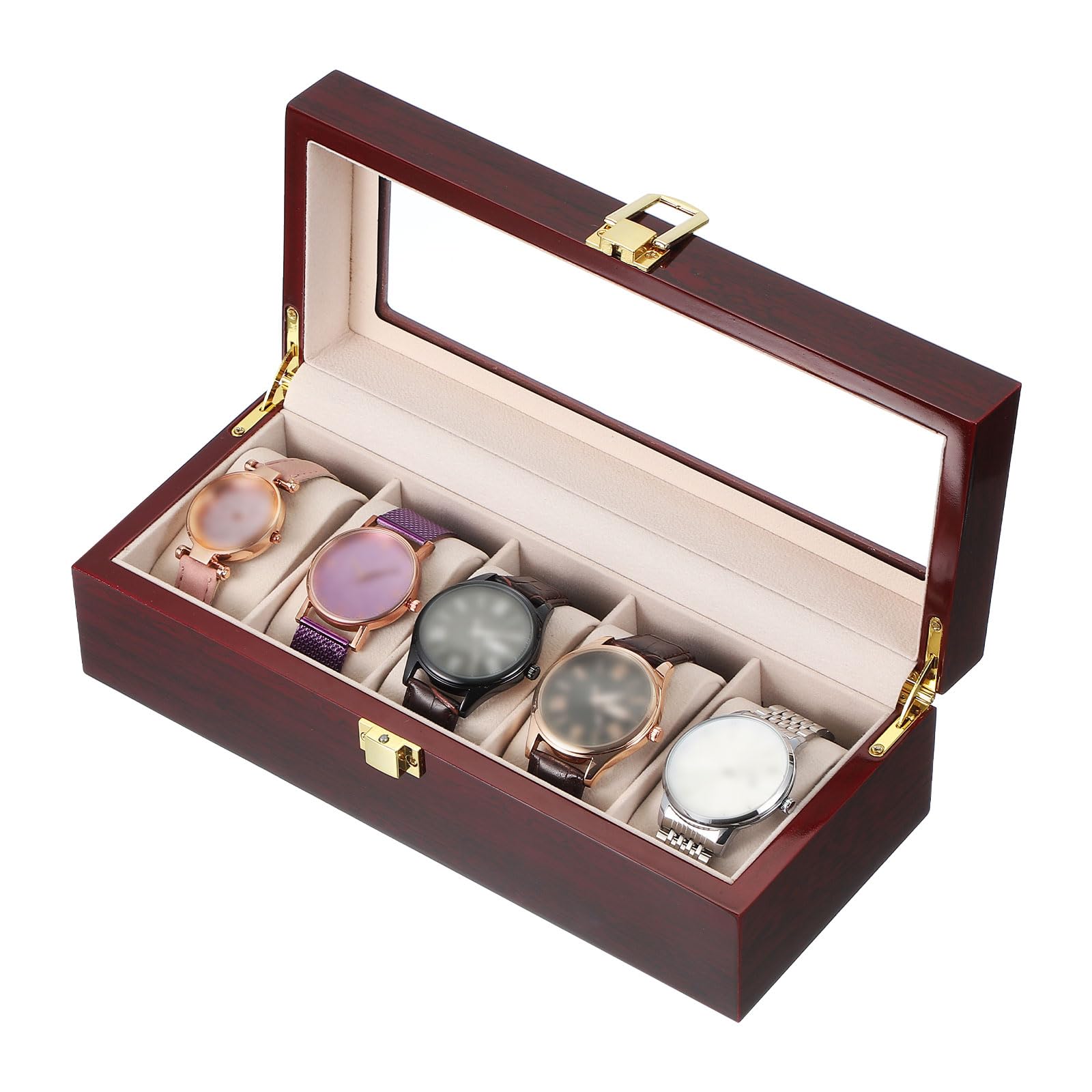 

uxcell 5-Slot Watch Case with Glass Lid, Men s Watch Box, Wooden Watch Box with Removable Watch Pillow, Red
