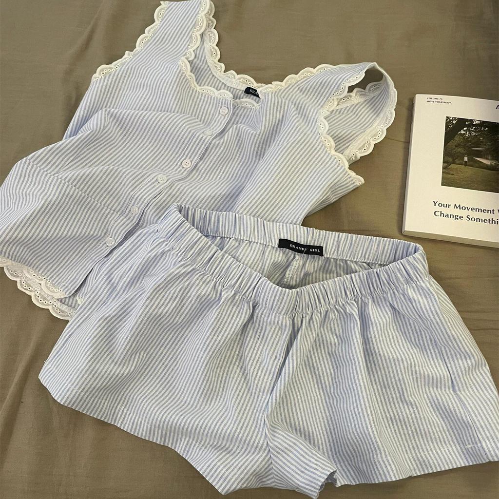 ins striped lace collar vest pajamas girls summer new large size suspender shorts loungewear set