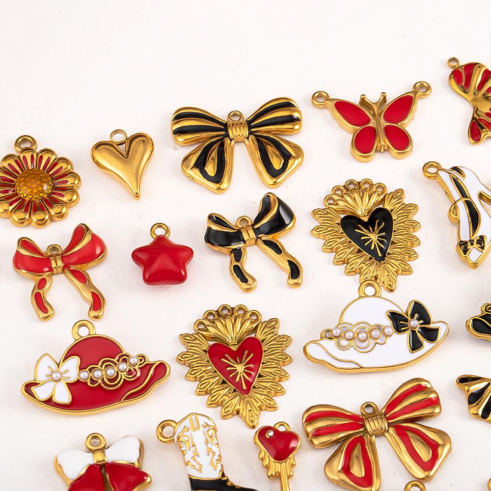 2pcs Stainless Steel Cartoon Enamel Bowknot Red Black High Heel Bone Pendant Necklace Earring Heart Charms Craft Jewelry Making