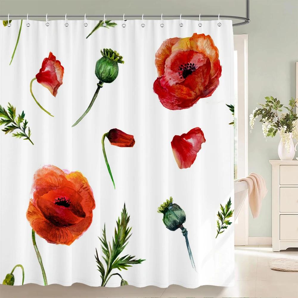 Red Flowers Shower Curtains Waterproof Fabric Floral Bath Curtains For Bathroom Bathtub Large Wide Bathing Cover With Hooks