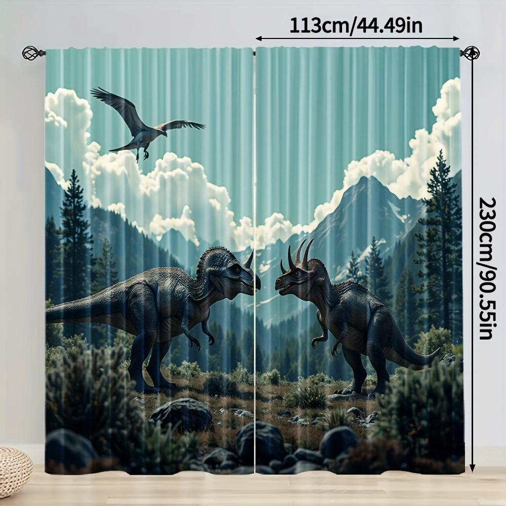 2pcs Dinosaur Silhouette Blackout Curtains - Thermal Insulating Room Darkening Window Drapes with Dinosaur Print