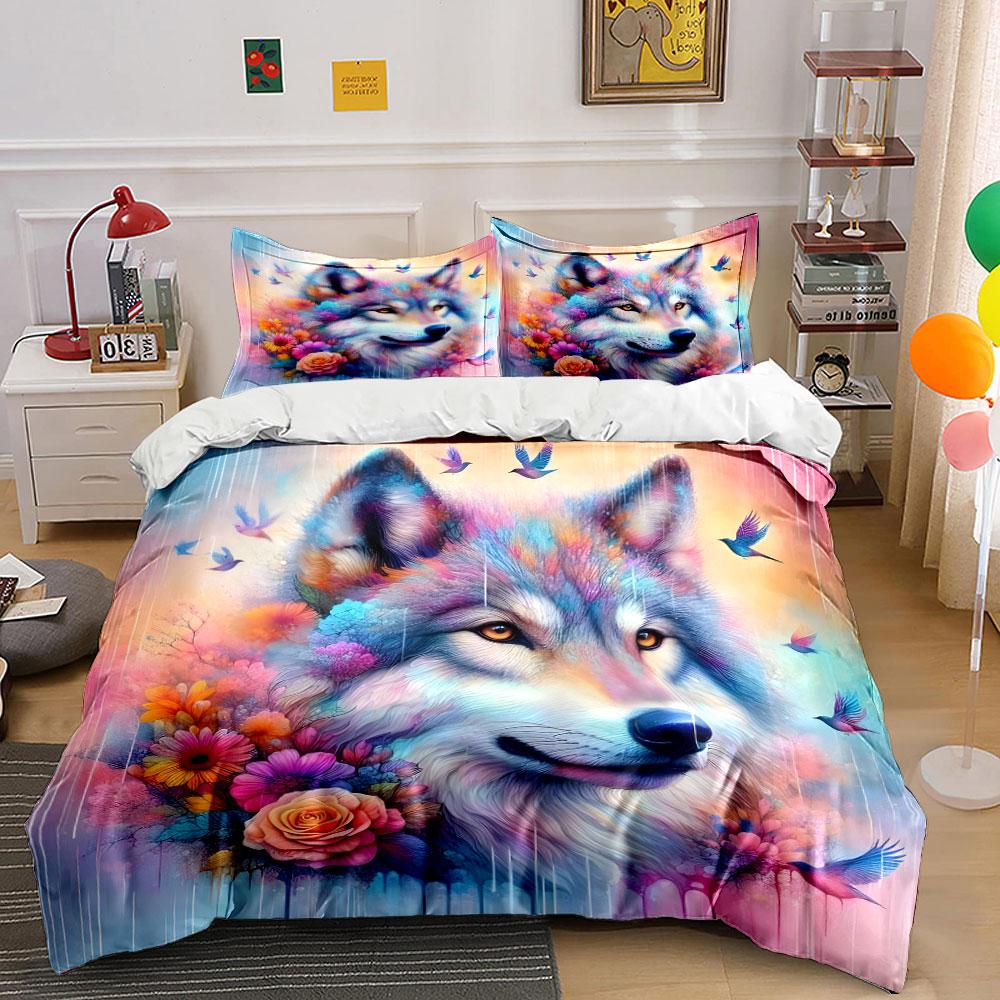 Colorful Wolf Art Decor Set Multiple sizes kid's and adults' bedroom Exquisite 3PC bedding set gift