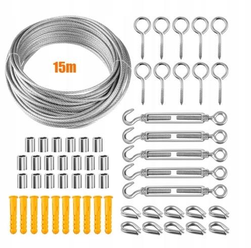 Strong 15m Galvanized Stainless Steel Cable + 56W1 Mounting Kit and Accessories